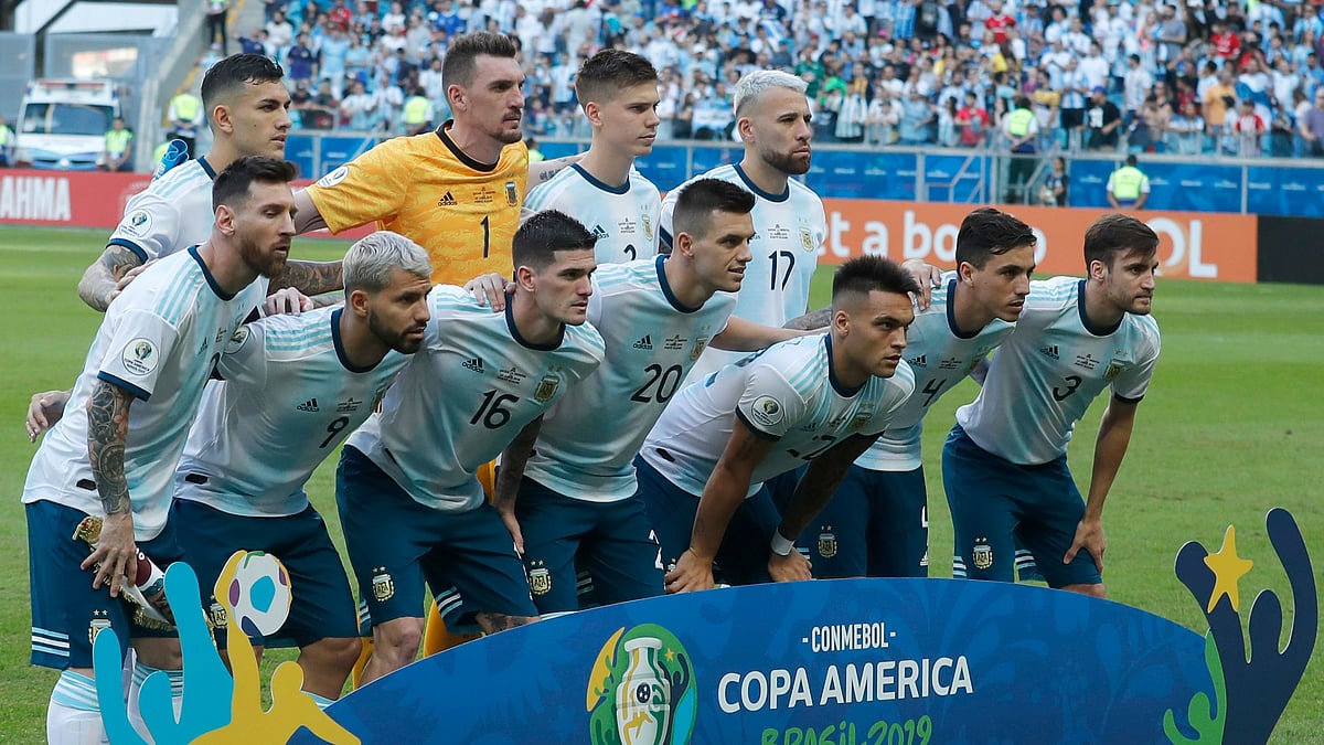 Argentina’s starting players pose for a photo prior a Copa America Group B soccer match against Qatar at Arena do Gremio, Porto Alegre, Brazil, Sunday, June 23, 2019. 