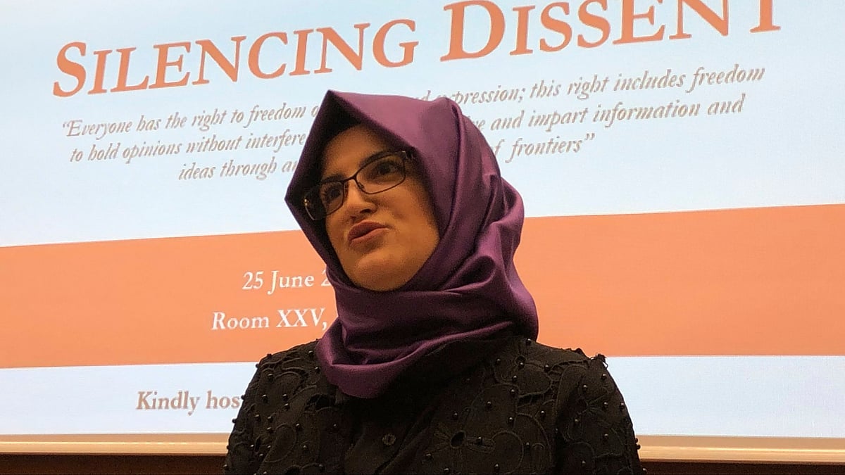 Hatice Cengiz is pictured at the UN-backed Human Rights Council in Geneva, Switzerland,