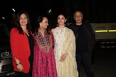 Mumbai: Filmmaker Mahesh Bhatt with his wife Soni Razdan and children Pooja Bhatt and Alia Bhatt at the screening of upcoming film "No Fathers in Kashmir" in Mumbai, on April 3, 2019. (Photo: IANS)