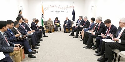 Osaka: Prime Minister Narendra Modi meets Australian Prime Minister Scott Morrison, on the sidelines of the G-20 Summit, in Osaka, Japan on June 29, 2019. (Photo: IANS/PIB)