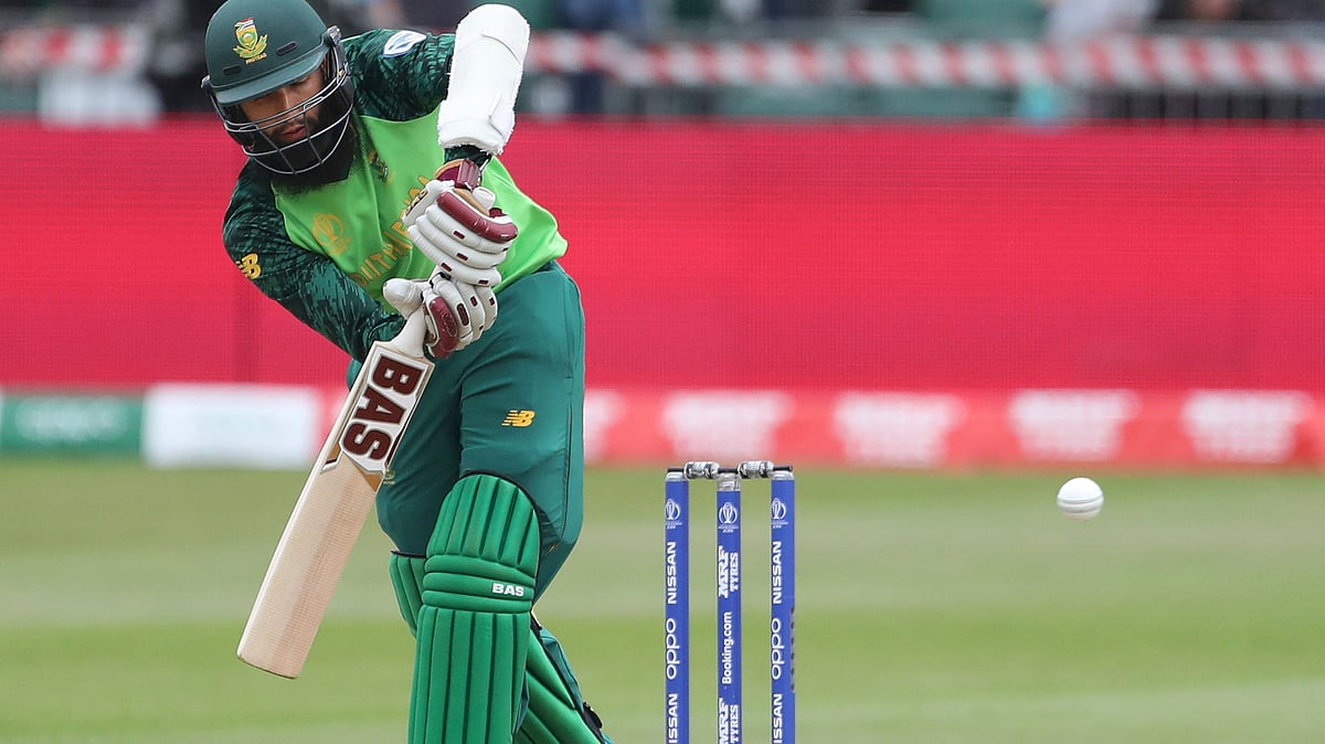 Hashim Amla plays a shot during the ICC World Cup warm-up match between West Indies and South Africa. 