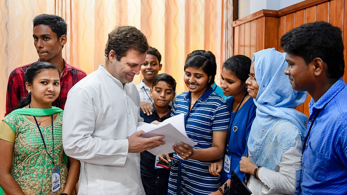 Congress President Rahul Gandhi meets various delegations at MPs Facilitation Centre at Wayanad Collectorate Office in Kerala on Saturday.