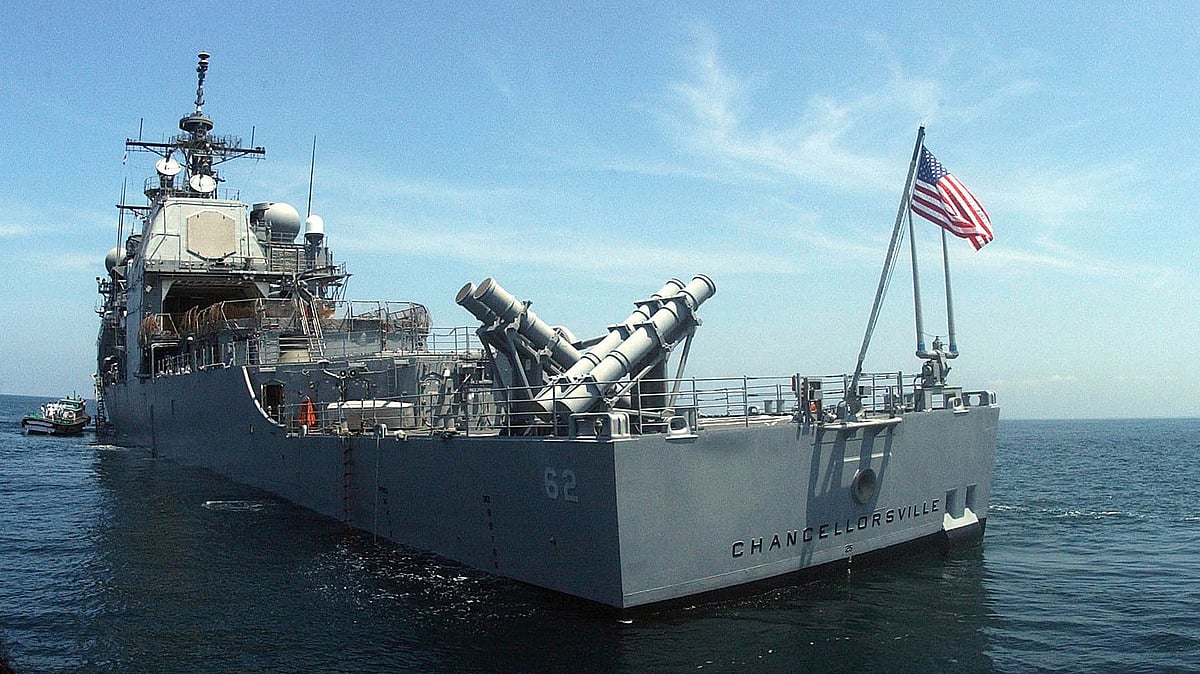 In this September 2002 file photo, the US guided missile cruiser USS Chancellorsville lies at anchor in India’s southern port of Cochin. The US and Russian militaries accused each other of unsafe actions on 7 June 2019,