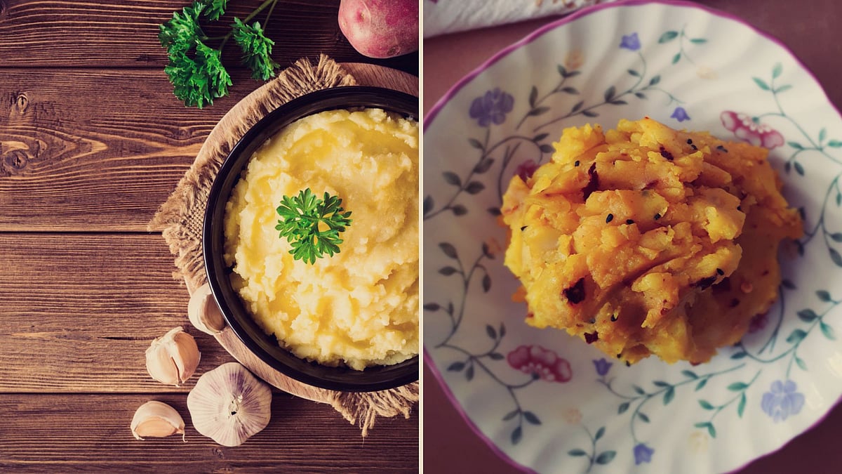 Mashed potato (L); Aloo sheddo.