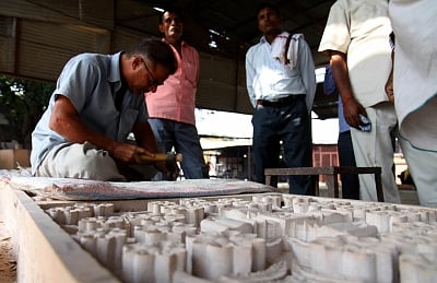 Preparation of stone blocks and columns for the construction of proposed Ram temple in Ayodhya. (File Photo: IANS)