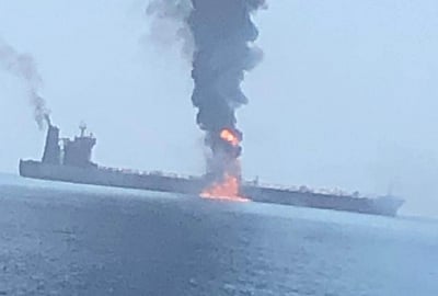 Doha: Two oil tankers were hit in a suspected attack in the Gulf of Oman and all crew members onborad were evacuated, on June 13, 2019. The tankers were struck in the same area where the US accused Iran of using naval mines to sabotage four other oil ships in an attack last month. (Photo: IANS)