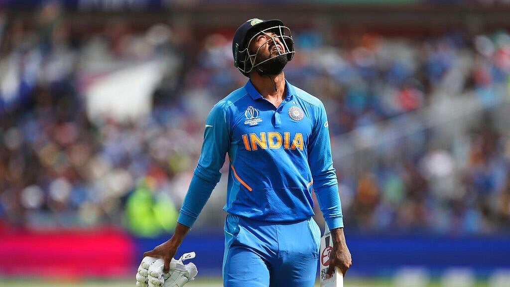 India’s KL Rahul reacts as he leaves the field after being dismissed by New Zealand’s Matt Henry during the Cricket World Cup semi-final match between India and New Zealand at Old Trafford in Manchester, England, Wednesday, 10 July, 2019.