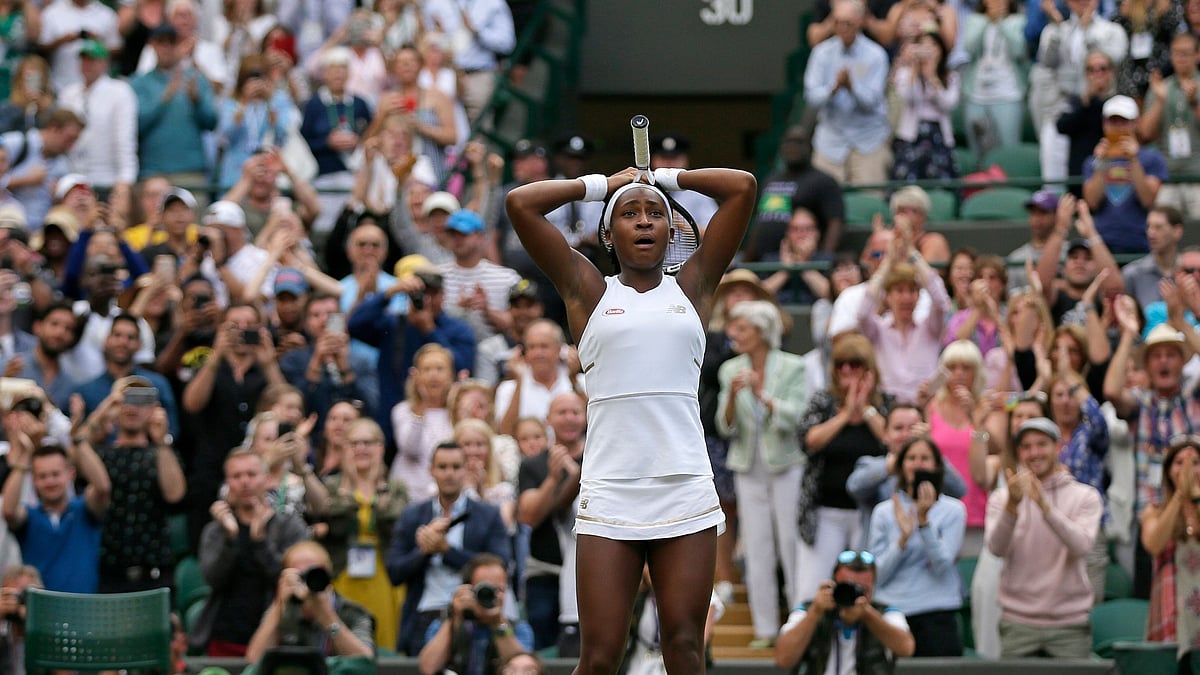 United States’ Cori “Coco” Gauff reacts after beating United States’s Venus Williams in a Women’s singles match during day one of the Wimbledon Tennis Championships in London, Monday, July 1, 2019.&nbsp;