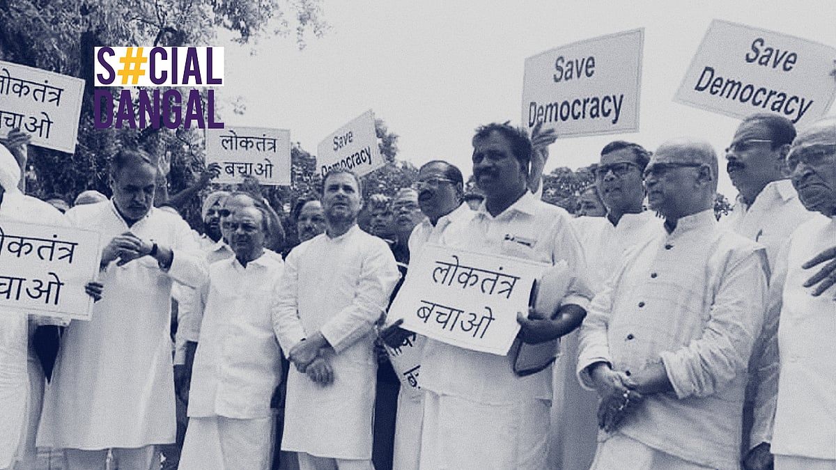 Congress workers protested at the parliament against BJP’s horse trading. 