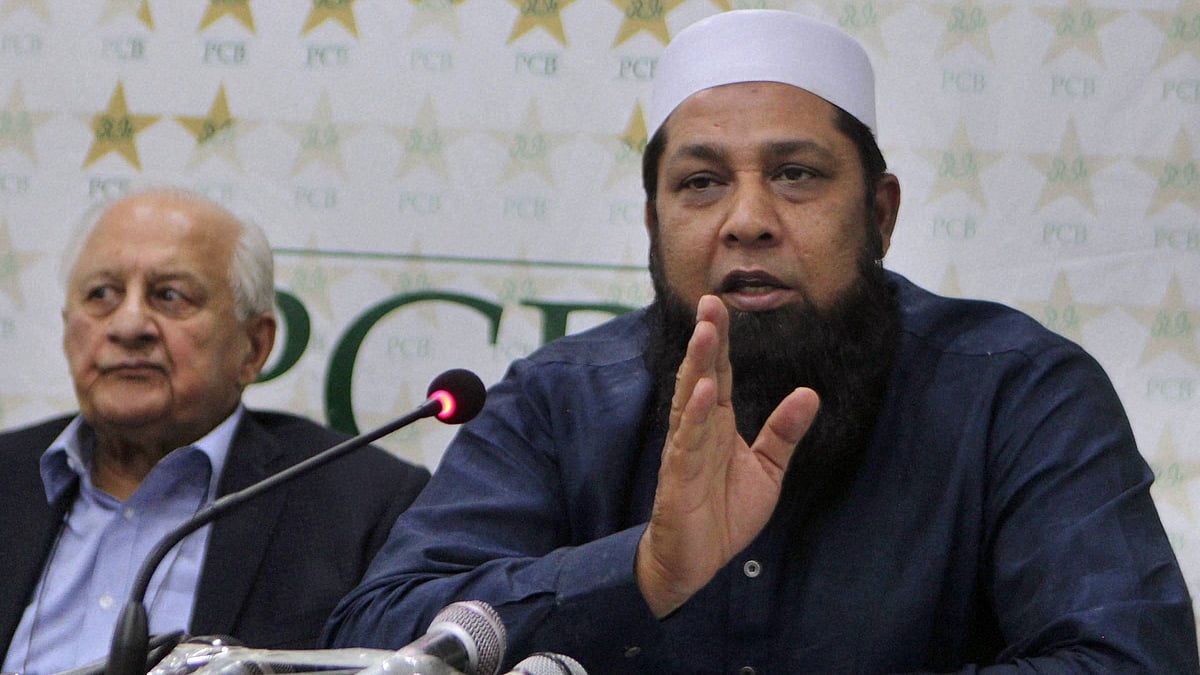 Inzamam-ul-Haq at a press conference with Pakistan Cricket Board’s Chairman Shaharyar Khan, in Lahore. 