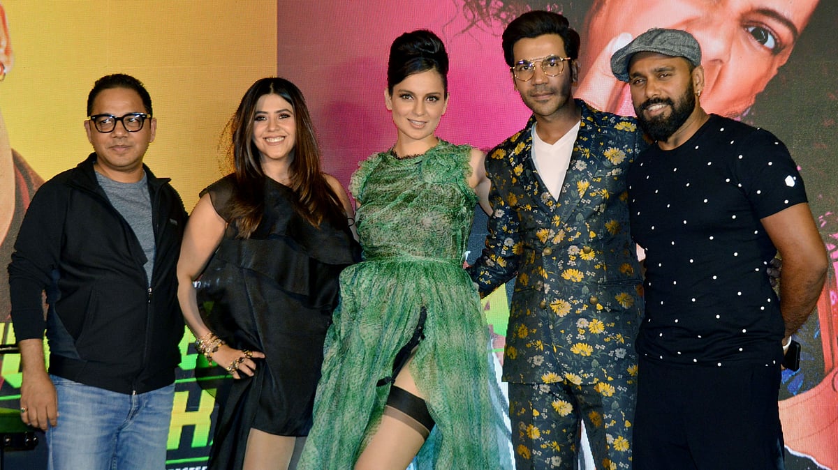 Ekta Kapoor, Kangana Ranaut and Rajkummar Rao at the <i>Judgementall Hai Kya</i> song launch.