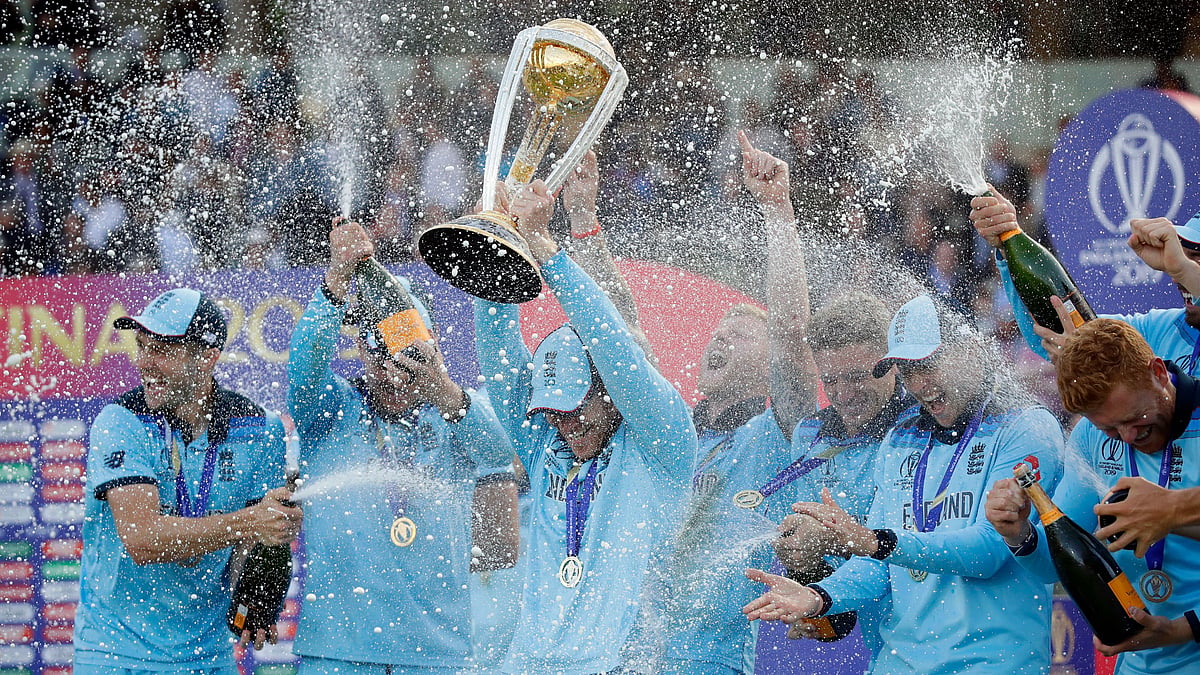 Team England celebrate winning their first cricket World Cup after defeating New Zealand in the final on Sunday, 14 July.