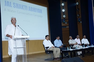 New Delhi: Union Jal Shakti Minister Gajendra Singh Shekhawat addresses at a programme on Jal Shakti Abhiyan - A Water Conservation Campaign, in New Delhi on June 28, 2019. Also seen Union MoS Jal Shakti Rattan Lal Kataria. (Photo: IANS/PIB)