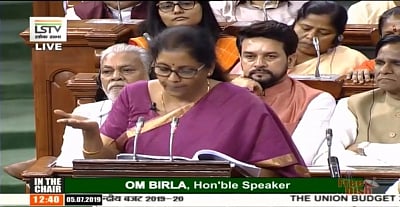 New Delhi: Union Finance and Corporate Affairs Minister Nirmala Sitharaman presents the Union Budget 2019 in the Lok Sabha, on July 5, 2019. (Photo: IANS/LSTV)