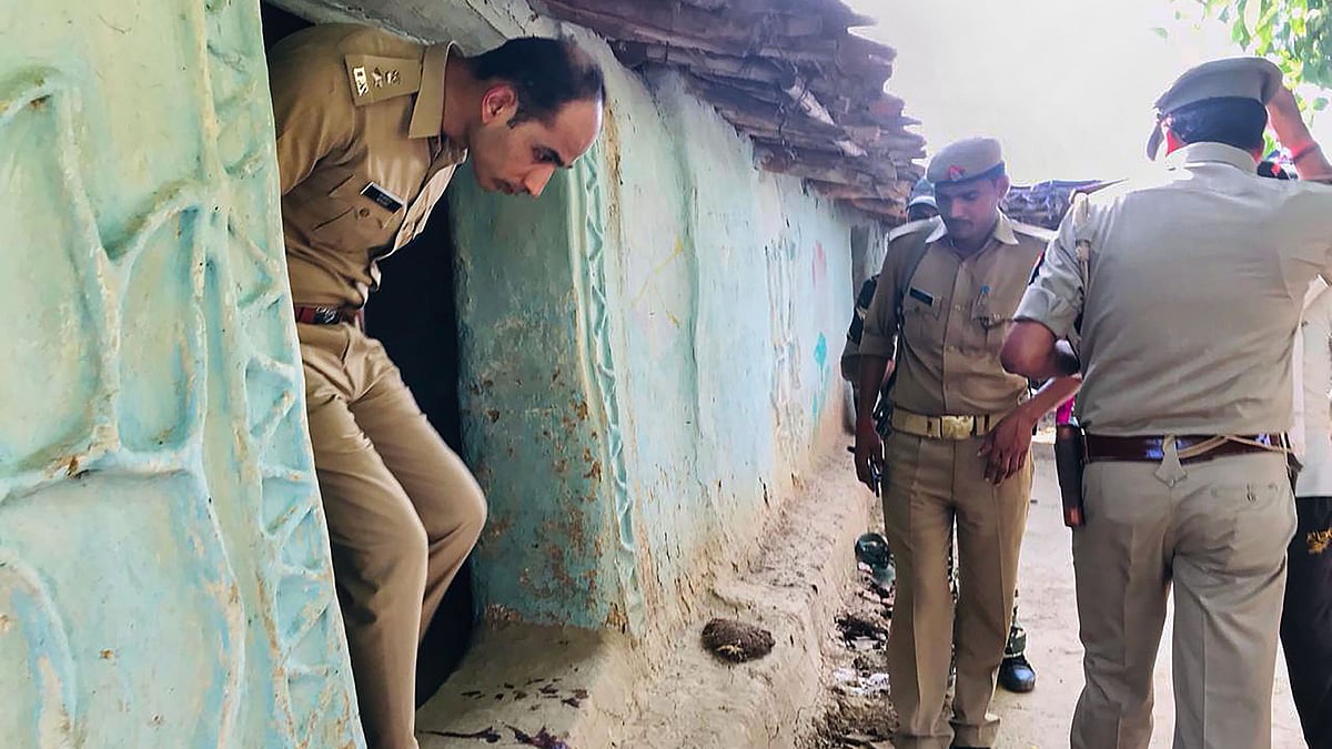 S P Salman Taj Patil visits the house of a victim killed over a property dispute, in Sonbhadra district, Wednesday, July 17, 2019.