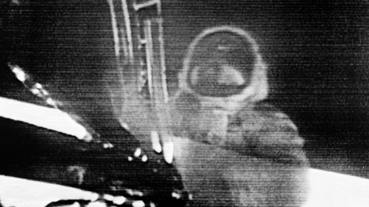 A still from the footage of Neil Armstrong’s landing on the moon.