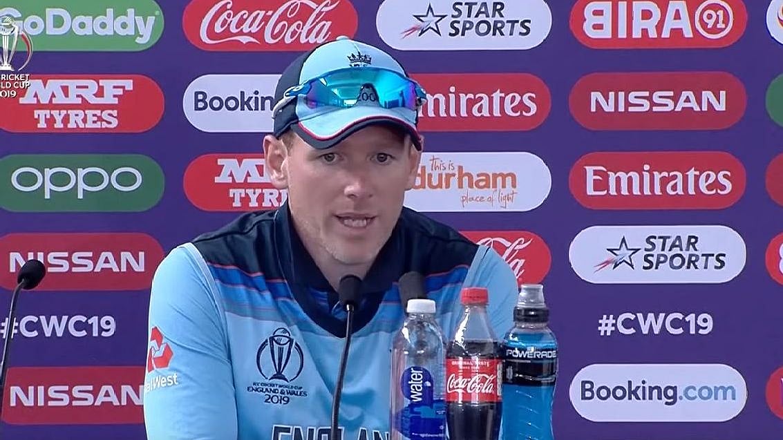 England skipper Eoin Morgan talks to reporters after defeating New Zealand.