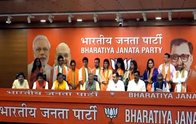 New Delhi: Bengali actors, Rishi Kaushik, Kanchana Moitra, Rupanjana Mitra and Biswajit Ganguly and Parno Mittra join the Bharatiya Janata Party (BJP) in the presence of BJP West Bengal chief Dilip Ghosh, Mukul Roy and spokesperson Sambit Patra at BJP HQ in New Delhi on July 18, 2019. (Photo: IANS)