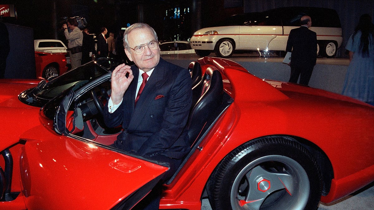 Chrysler Corporation Chairman Lee Iacocca sits in a 1990 Dodge Viper sports car as the Chrysler in the 90’s six city tour makes a visit to New York. 