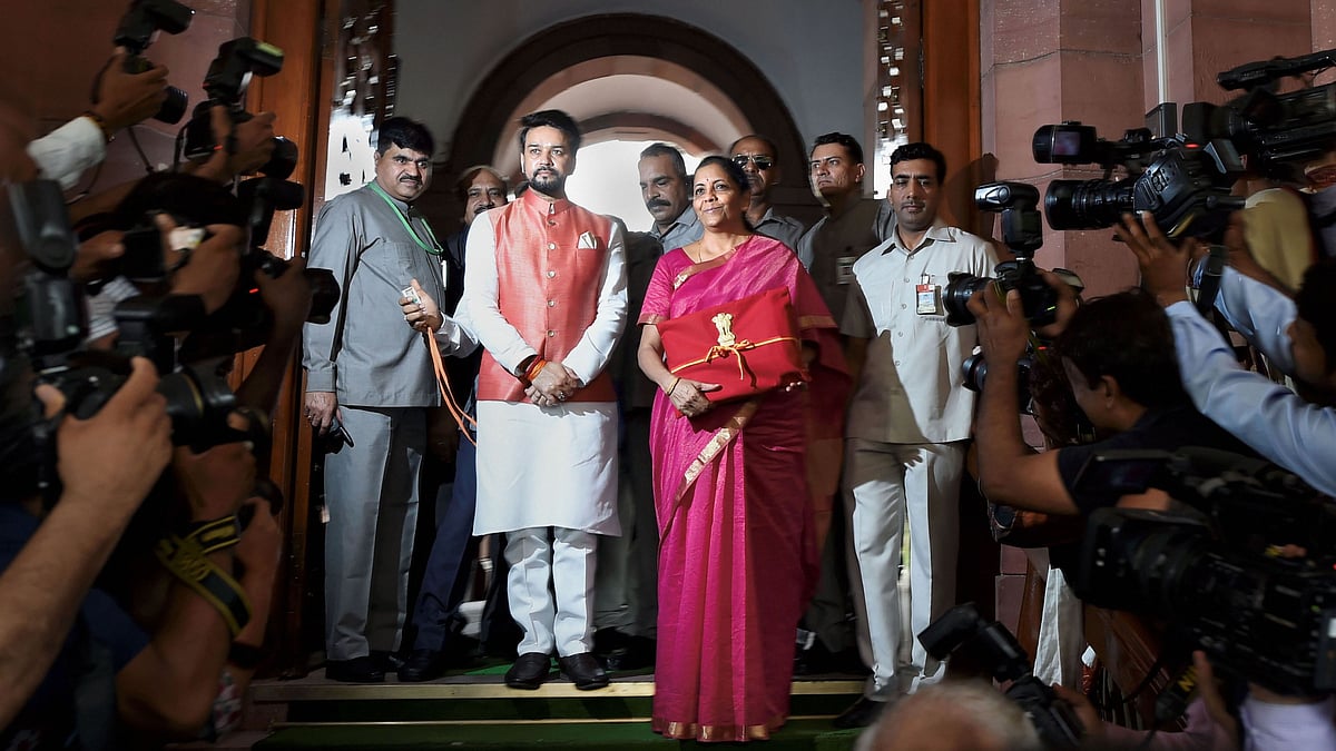 Finance Minister Nirmala Sitharaman and MoS Anurag Thakur arrive at Parliament to present the Union Budget 2019-20.