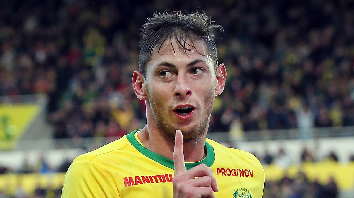 In this his file photo taken on Nov. 4, 2018, Argentine soccer player, Emiliano Sala, of the FC Nantes club, western France, reacts after scoring during a soccer match against Guingam, in Nantes, France. 