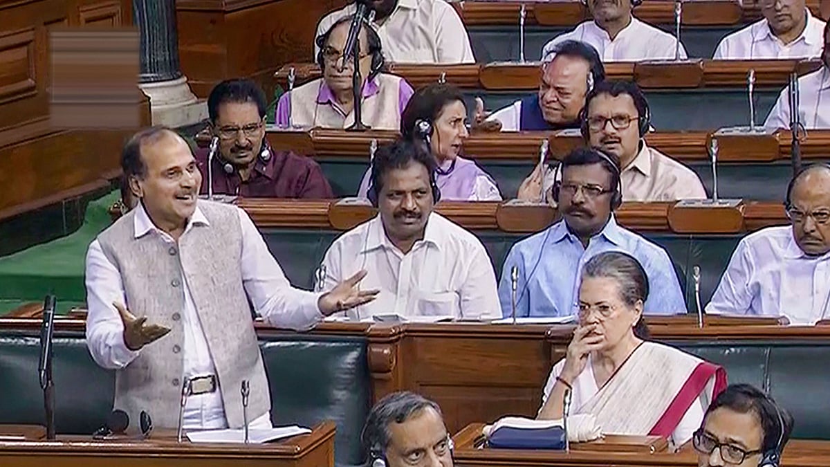 Congress MP Adhir Ranjan Chowdhury speaks in the Lok Sabha during the ongoing Session of Parliament in New Delhi on 6 August. 