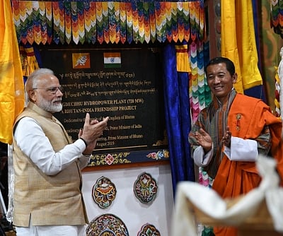 Thimphu: Prime Minister Narendra Modi and Bhutan Prime Minister Lotay Tshering jointly inaugurate the Mangdechu Hydroelectricity Project in Thimphu, Bhutan on Aug 17, 2019. (Photo: IANS/PIB)