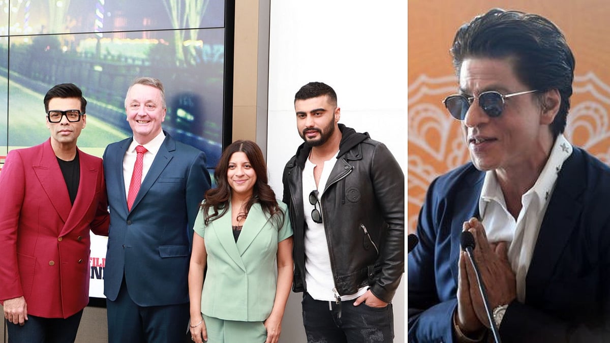Filmmakers Karan Johar, Zoya Akhtar and Arjun Kapoor (L) and Shah Rukh Khan (R)