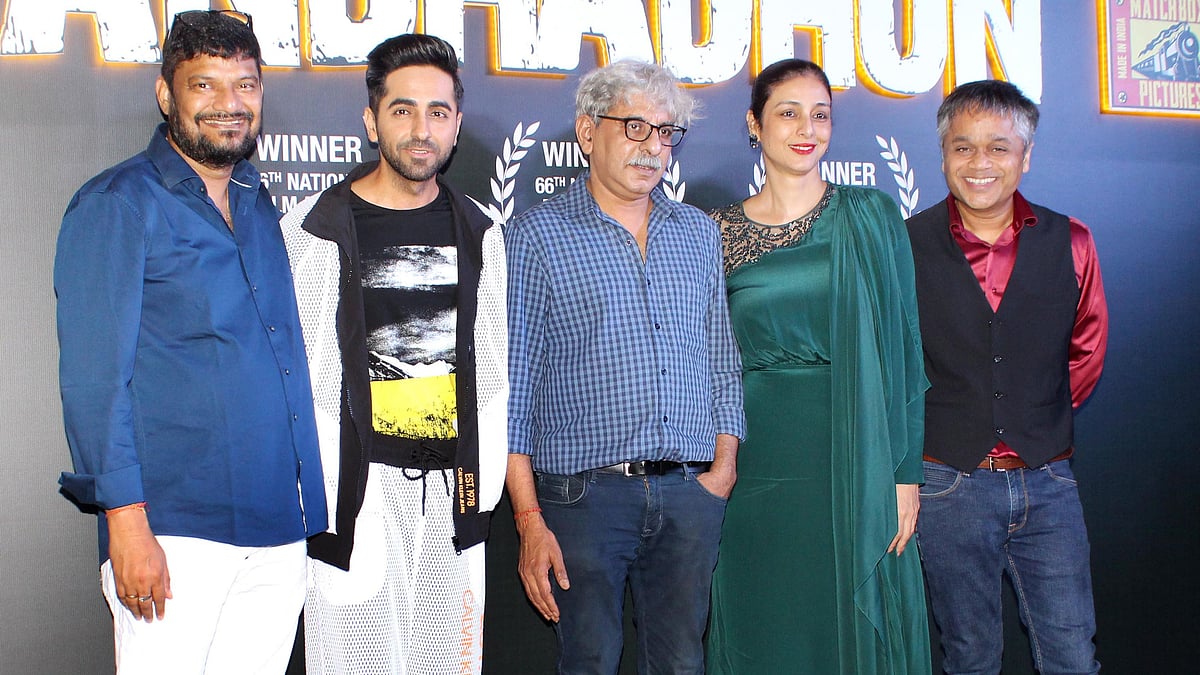 Sanjay Routray, Ayushmann Khurrana, Sriram Raghavan, Tabu and Ajit Andhare at the <i>Andhadhun </i>success party. 