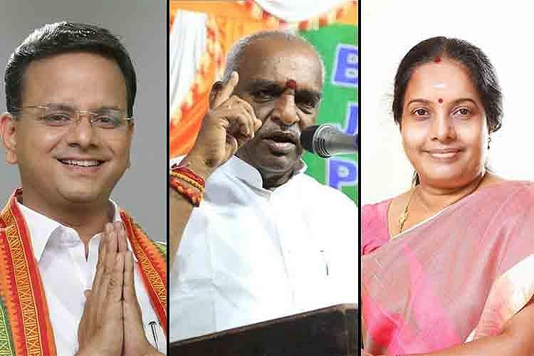KT Raghavan (left), Pon Radhakrishnan (centre) and Tamilisai Soundararajan (right)