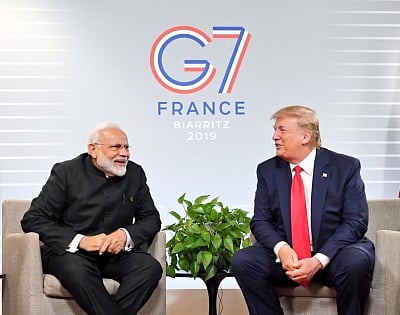 Biarritz: Prime Minister Narendra Modi meets US President Donald Trump on the sidelines of the G7 Summit in Biarritz, France on Aug 26, 2019. (Photo: IANS/MEA)