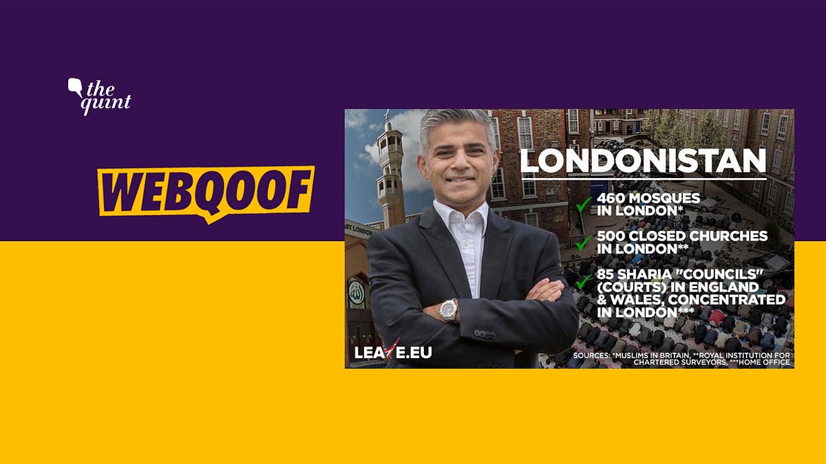 The graphic depicts Mayor Khan superimposed on a background of Muslim people at prayer and a mosque in London.
