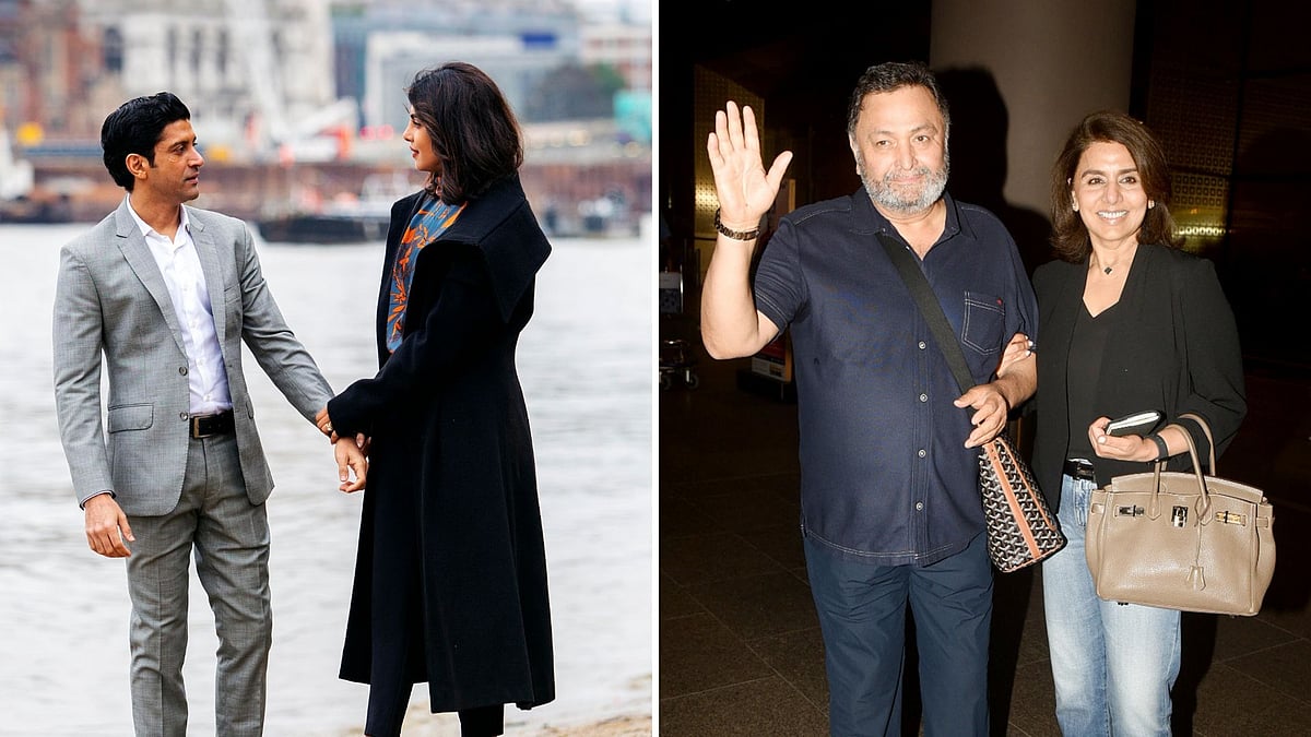 Priyanka Chopra and Farhan Akhtar in a still from <i>The Sky Is Pink</i>; Rishi Kapoor and Neetu Kapoor arrive at Mumbai airport.