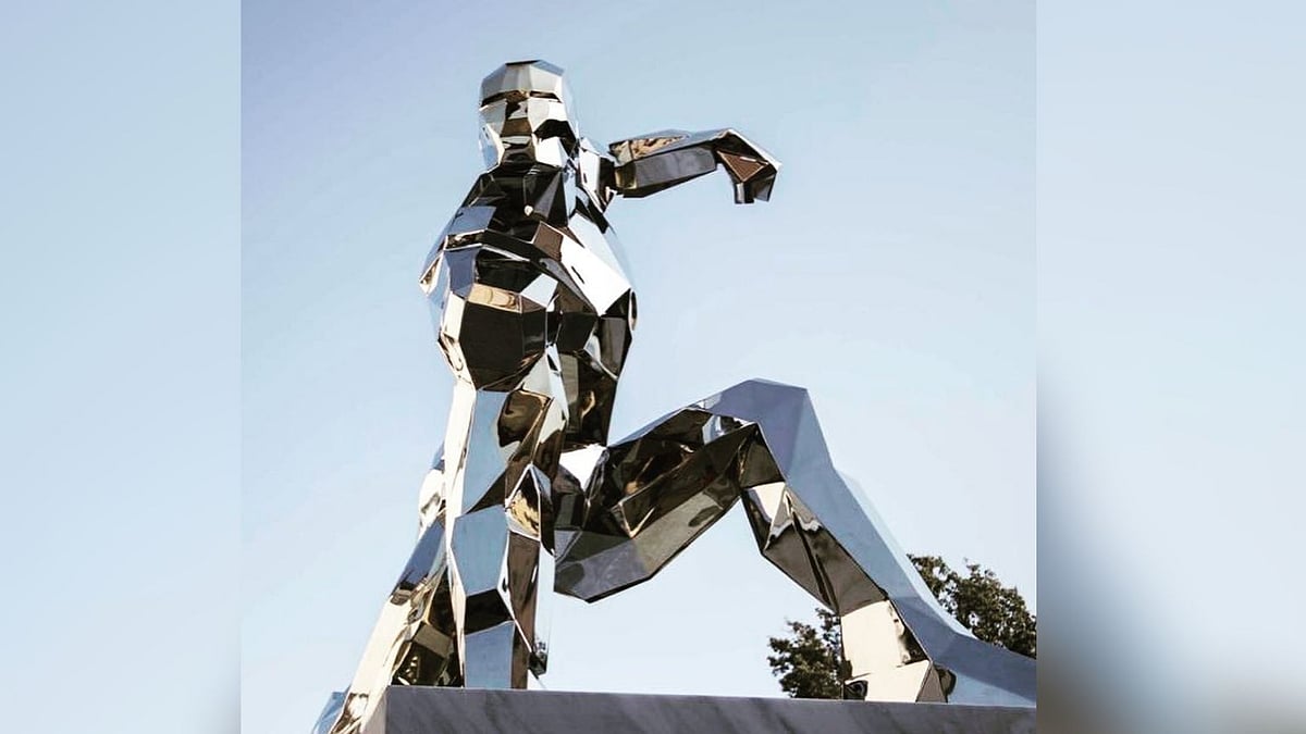 The brass and steel statue pays tribute to Iron Man.