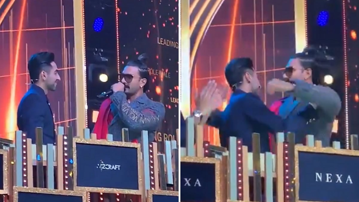 Ranveer Singh praises and hugs Ayushmann Khurrana at the IIFA Awards 2019.