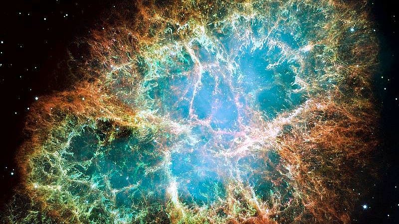 A giant <a href="https://en.wikipedia.org/wiki/Hubble_Space_Telescope">Hubble</a> mosaic of the <a href="https://en.wikipedia.org/wiki/Crab_Nebula">Crab Nebula</a>, a <a href="https://en.wikipedia.org/wiki/Supernova_remnant">supernova remnant.</a>