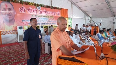 Sonebhadra: Uttar Pradesh Chief Minister Yogi Adityanath addresses during a programme where he handed over land documents to 281 local residents, in Uttar Pradesh