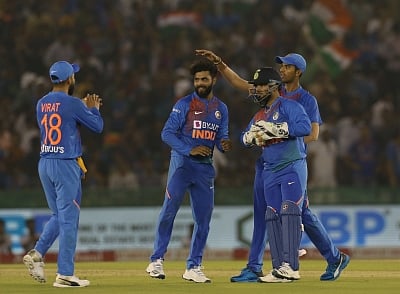 Mohali: Indian skipper Virat Kohli and Ravindra Jadeja celebrate fall of Rassie van der Dussen