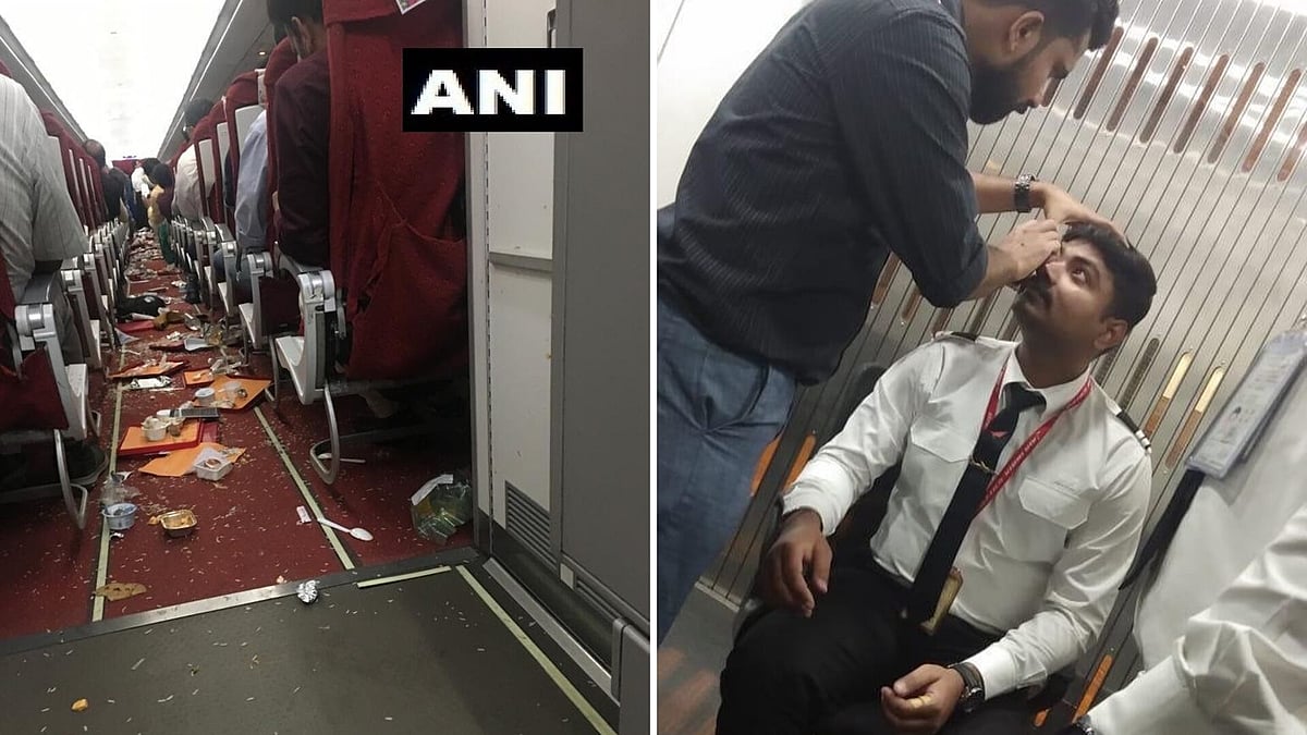 (left) the damaged plane interiors; (right) a medic treats an injured crew member on the flight.