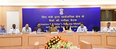 New Delhi: Union Finance Minister Nirmala Sitharaman chairs the review meeting with Public Sector Banks in New Delhi on Sep 19, 2019. Union MoS Finance Anurag Thakur. (Photo: IANS/FinMinIndia)