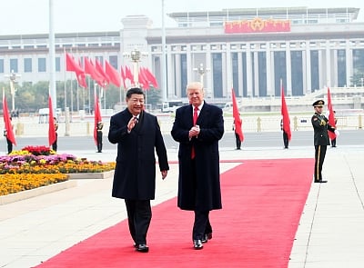 BEIJING, Nov. 9, 2017 (Xinhua) -- Chinese President Xi Jinping (L) holds a grand ceremony to welcome U.S. President Donald Trump at the square outside the east gate of the Great Hall of the People in Beijing, capital of China, Nov. 9, 2017. (Xinhua/Lan Hongguang/IANS)