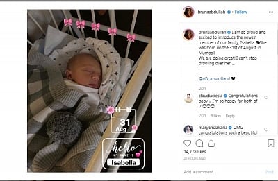 Model-actress Bruna Abdullah has welcomed her first child, a daughter. She has named her newborn, Isabella. Bruna on Sunday shared a photograph of her bundle of joy with the world on Instagram. In the image, her daughter is seen cutely sleeping in her cradle.
