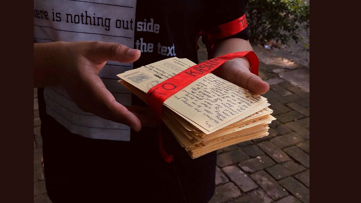 Around 73 students from St. Stephen’s College used yellow post cards to make their appeals on the communication ban in Kashmir.