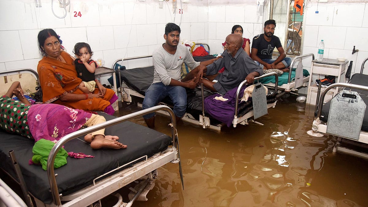 Water-logging at a ward of Nalanda Medical College and Hospital (NMCH) after heavy monsoon rains in Patna on Saturday, 28 September.