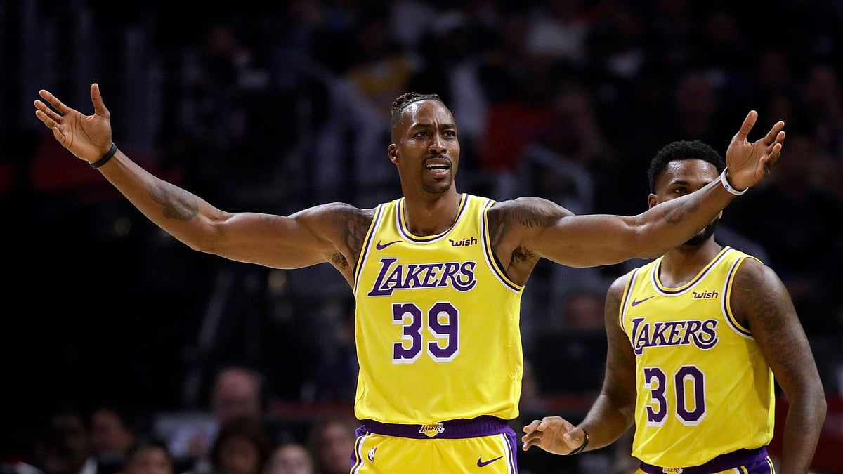 Los Angeles Lakers’ Dwight Howard (39) argues a call against him during the the first half of the team’s NBA basketball game against the Los Angeles Clippers on Tuesday, Oct. 22, 2019, in Los Angeles.
