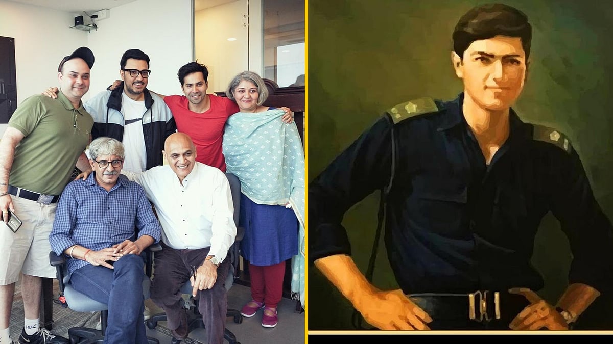 Sriram Raghavan with Varun Dhawan and the team; a photo of Arun Khetarpal. 