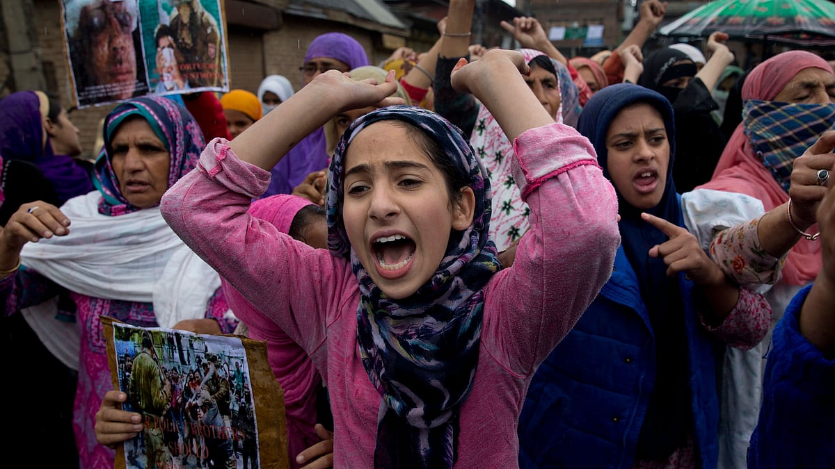 Kashmiris shout slogans during a protest after Friday prayers against the abrogation of article 370, on the outskirts of Srinagar, Oct. 4, 2019. Image used for representation.