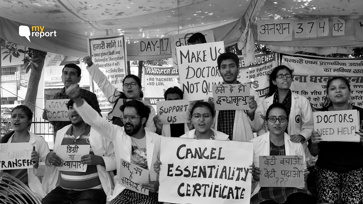 Students of Glocal Medical College in Saharanpur, UP, hold a protest. 