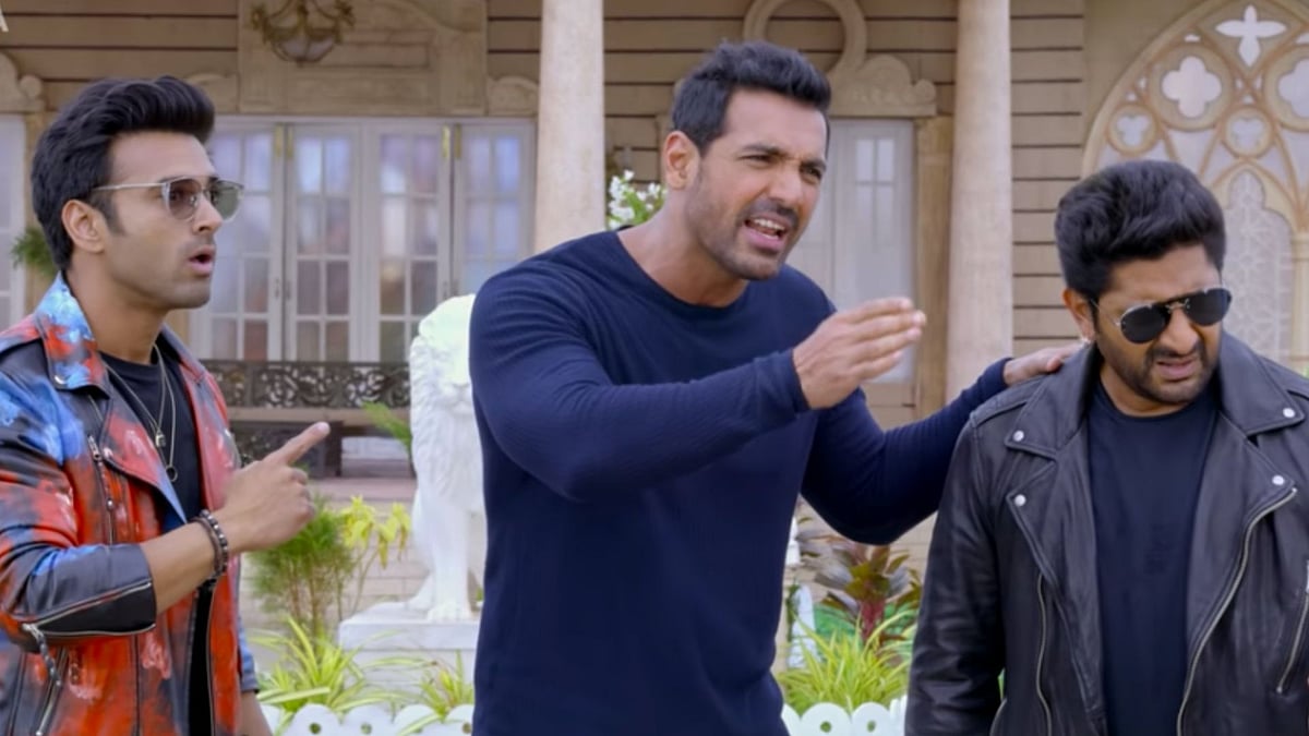 Pulkit Samrat, John Abraham and Arshad Warsi in <i>Pagalpanti.</i>