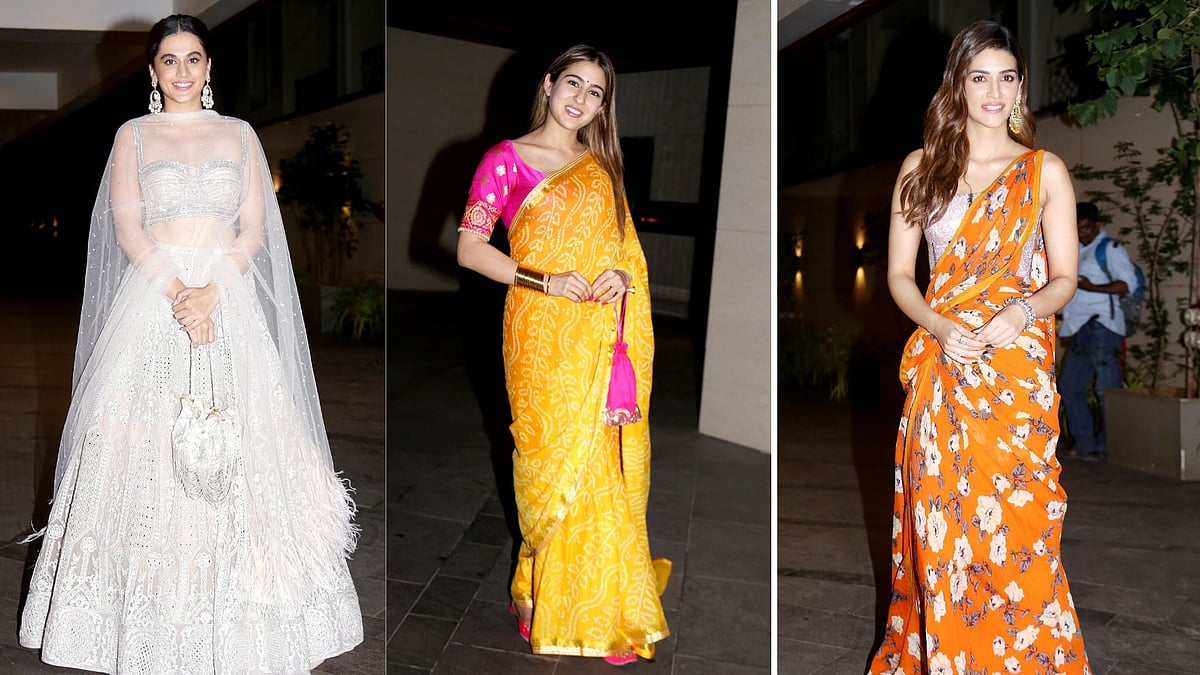 Taapsee Pannu, Sara Ali Khan and Kriti Sanon at a Diwali party.&nbsp;